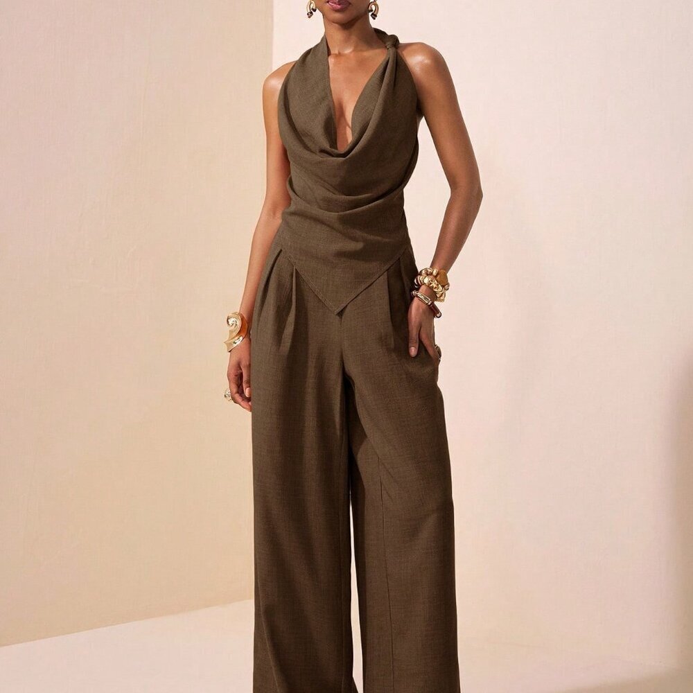 Brown Elegant Women's Asymmetric Knot Top and Pants Suit Set